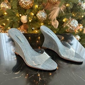 Denim and vinyl wedge sandal